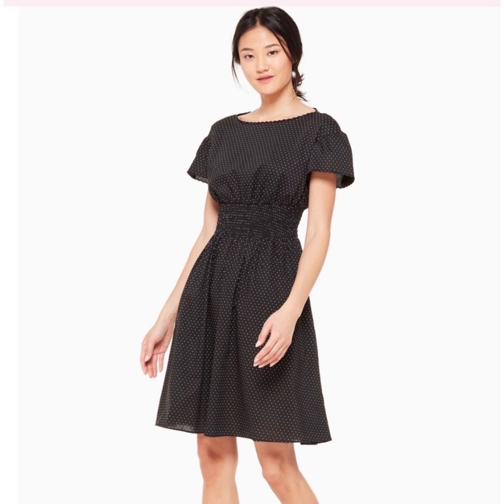Kate Spade Black Pin Polka Dot Smocked Cotton Poplin Scalloped Dress M